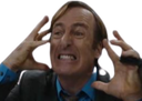 Saul Goodman holding his head with both hands while making a pained, frustrated expression.