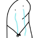 A simple hand-drawn stick figure character crying with blue tears while holding a small object.
