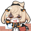 A tired anime girl with dark circles under her eyes holding a brick with a faint, exhausted smile.