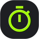 A neon green stopwatch icon centered on a dark circular background.
