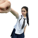 A girl in a school uniform throwing a punch towards the viewer.