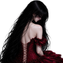 Woman with long black hair wearing a red dress seen from behind.