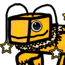 A yellow blocky creature with a wide, toothy grin and star icons on its sides.