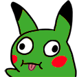 Green Pikachu-like creature with wide eyes and tongue sticking out in a derpy expression.