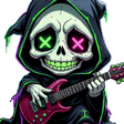 A chibi grim reaper with glowing green and pink eyes playing a red electric guitar.