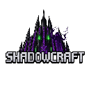 ShadowCraft logo featuring a dark purple pixelated castle silhouette with glowing green eyes on a black background.