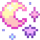Crescent moons and stars in pixel art style with a pink and yellow color palette.