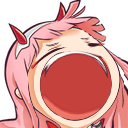 Zero Two with an extremely wide, distorted open mouth in a humorous expression.