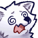 White wolf with swirling eyes and an open mouth looking dazed and confused.