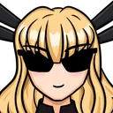 Blonde anime girl wearing black sunglasses with a confident smile.