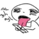 A crudely drawn character with a wide open mouth and a long pink tongue sticking out while making a chaotic expression.