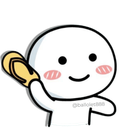 A round-headed character with blushing cheeks holding a yellow flip-flop in the air.
