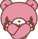 Gloomy Bear with a pink face and brown ears holding its bloody paws up to its mouth.