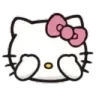 Hello Kitty covering her eyes with her hands while wearing her signature pink bow.