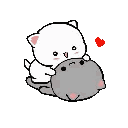 A white cat character playfully pouncing on a gray cat character with a small red heart nearby.