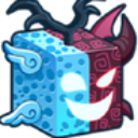 Spirit Fruit cube split between a blue angelic side and a dark red demonic side with a glowing face.