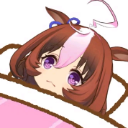 Meisho Doto with brown hair and purple eyes lying in a pink bed with a distressed expression.