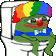 Pepe the Frog dressed as a clown sitting on a toilet that is blasting off like a rocket.