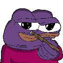 Purple Pepe frog holding a small knife near its face with a suspicious expression.