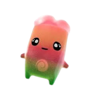 A small, squishy, pink and green gradient creature with large eyes and a water symbol on its chest.