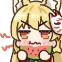 Anime girl with fox ears looking angry while eating a slice of watermelon.