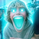Person with glowing blue eyes and an unnaturally wide-open glowing mouth expressing intense energy.