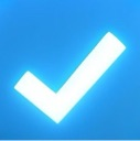 A glowing white checkmark symbol centered on a bright blue square background.