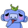 Blue creature with a leaf on its head sticking its tongue out with a mischievous expression.