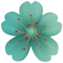 A stylized flower with petals transitioning from blue to green and a yellow center.