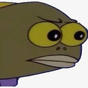 A cartoon fish with wide yellow eyes looking sideways with a suspicious and judgmental expression.