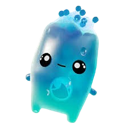 A cute blue translucent water creature with a happy face and bubbles floating above its head.