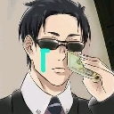 Daisuke Kambe wearing sunglasses with a teal tear mark on his cheek while holding a stack of cash.