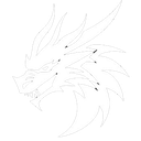 Dragon head in a sharp, white line-art style against a black background.