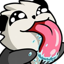 A cute panda with big eyes happily licking a long, colorful rainbow tongue.
