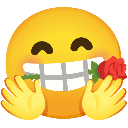 Yellow smiley face holding a red rose in its teeth with hands raised in a welcoming gesture.