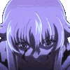 Yuno Gasai with a dark, intense expression and blood on her face.