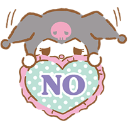 Kuromi holds a light blue heart sign with the word NO written on it.
