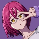 Anime girl with pink hair and yellow eyes making a peace sign gesture.