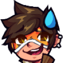 Tracer from Overwatch with a nervous expression and a large blue sweat drop on her forehead.