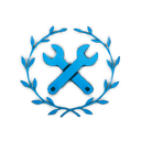 Crossed blue wrenches inside a blue laurel wreath symbol.