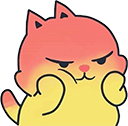 A small, pink and yellow cat with a grumpy face throwing a tiny punch.