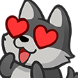 A cartoon gray wolf with large red heart-shaped eyes and a happy open-mouthed expression.