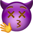 Purple devil emoji with x-shaped eyes and a hand waving or gesturing in front of its face.