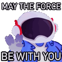 Astronaut in a blue jacket waves while the text May the Force be with you flashes above.