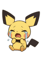 Pichu sitting and crying with large blue tears streaming down its face.