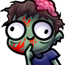 A cartoon zombie with a bloody face and exposed brain smiling mischievously.