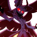 A demonic creature with large wings and glowing red eyes displays a wide, sharp-toothed grin.