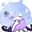Anime girl with blue hair looking bashful and covering her face with her hands.