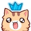 A cute brown cat with a happy expression wearing a bright blue crown.