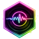 A neon-colored audio waveform pulse centered inside a glowing hexagonal frame.